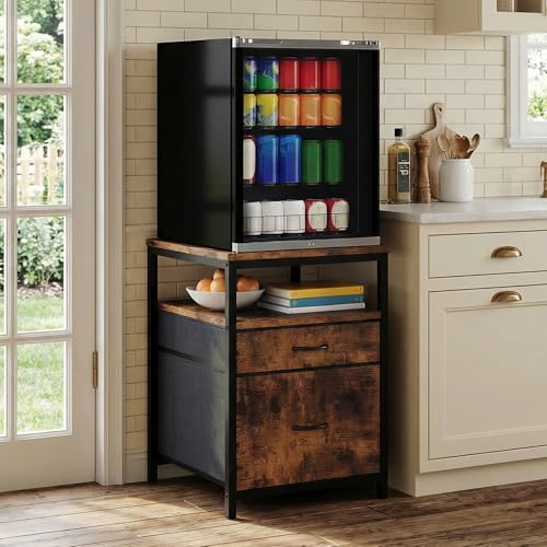 Advwin Mini Fridge Stand with Large Capacity Storage, Fridge Table with 2 Drawers and Open Shelf, Microwave Refrigerator Rack with Spacious Desktop for Kitchen, Home Office, Rustic Brown
