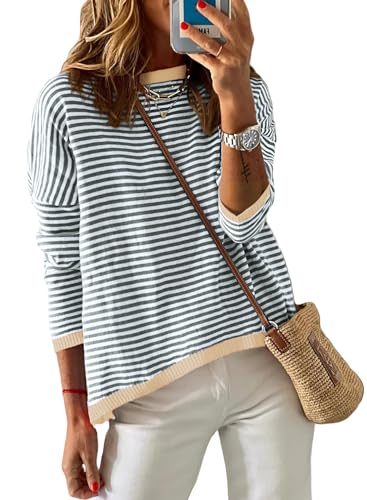 Image of ELFTOWN Women's Cotton Crew Neck Long Sleeve Striped Sweater Pullover Color Block Oversized Casual Knitted Jumper Top