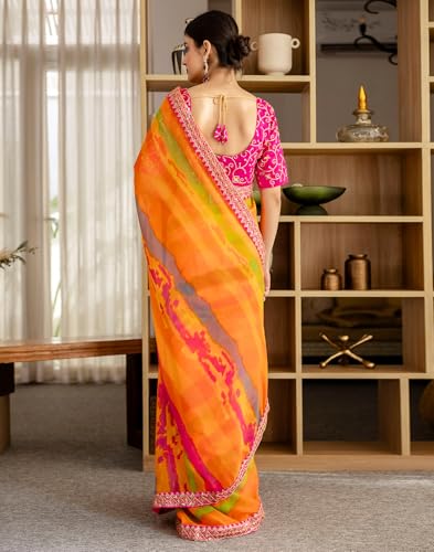 Image of SIRIL Women's Georgette Printed And Sequence Embroidery Saree With Unstitched Blouse