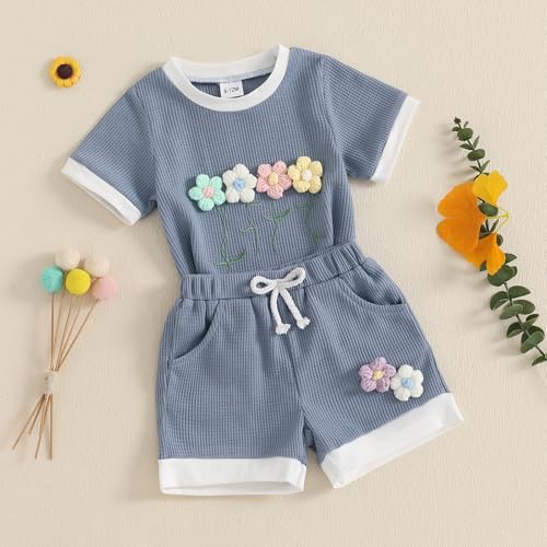 Amnnchya Toddler Baby Girl Outfits Floral Summer Clothes Infant Spring Waffle Short Sleeve Shirt Tops Cute Shorts Set (Blue, 2-3T)
