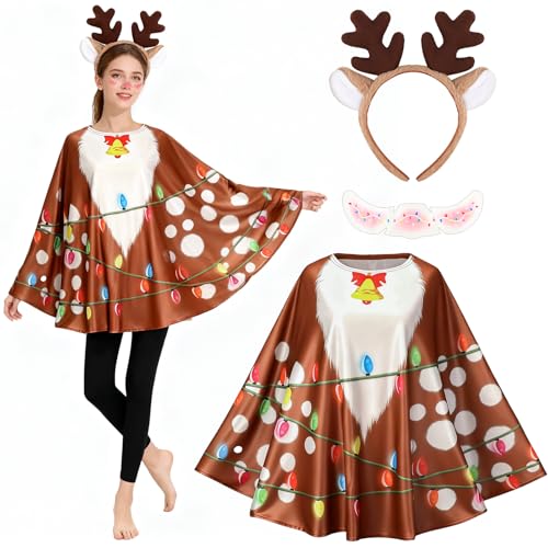 3 Piezas Disfraz Navidad Mujer Adulto, Poncho Navideño de Papa Noel Muñeco de Nieve Elfo Reno, Diadema Gorro Navidad, Pegatinas Cara, Capa Navideña Disfraz Navideño Mujer para Fiesta Navideña Cosplay