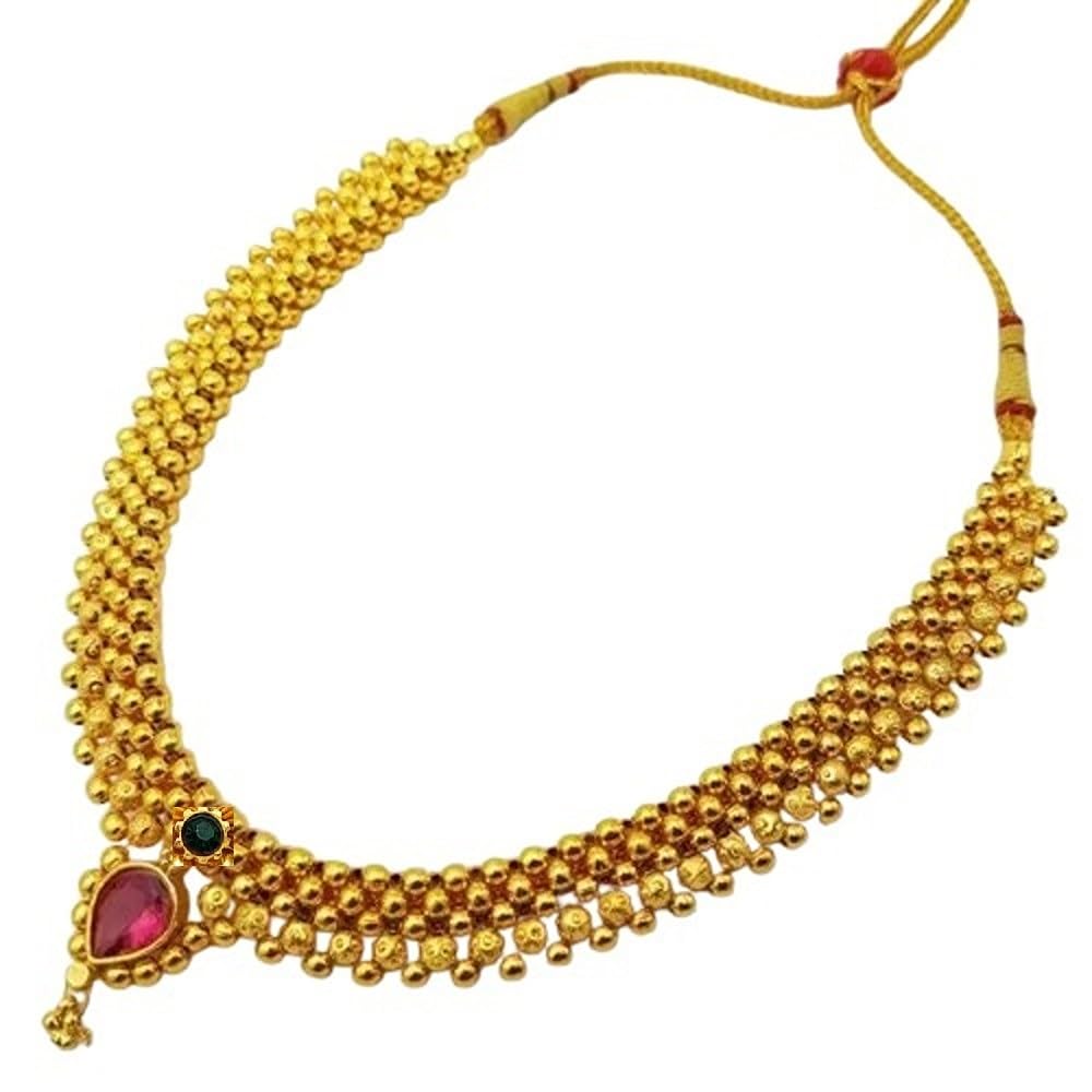 Traditional Wedding Maharashtrian Kolhapuri Thushi Saaj Mangalsutra Goldeen Tikka Locket Pendant Necklace Set Jewellery-image-9