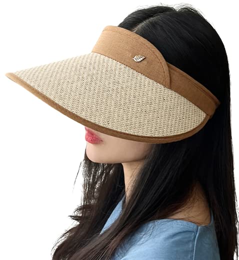 Natural Style Straw Visor Wide Brim Sun Hat Cap made in Korea, Woman Sun Protection Anti-UV Peaked Cap for Golf,Beach,Daily