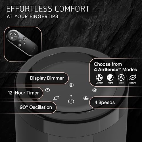 Image of Lasko Elevation Tower Fan for Bedroom, Office, and Living Room - 42 inch-54 inch Adjustable Height Cooling with 31 ft /s Airflow and 90 Oscillation- Quiet 28 dB Operation - Remote Control - Black