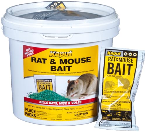 Kaput Rat, Vole, and Mouse Bait- Effective Warfarin Formula for Rodent Control - Low Toxicity Rat Bait, Safe for Pets & Wildlife - Indoor & Near-Building Use, 32 Packets, 2 oz Each