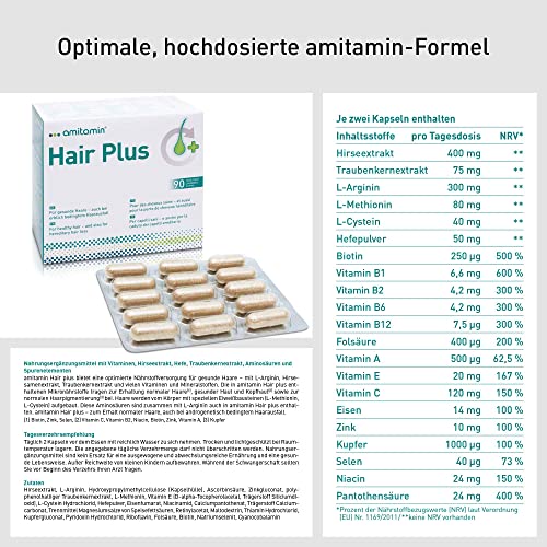 amitamin© Hair Plus Haar Vitamine | 180 Komplex Kapseln 3 Monate hochdosiert | Zink, Kupfer, Biotin, Selen, Folsäure plus 16 wichtige Nährstoffe | auch gegen erblichen Haarausfall | vegan |