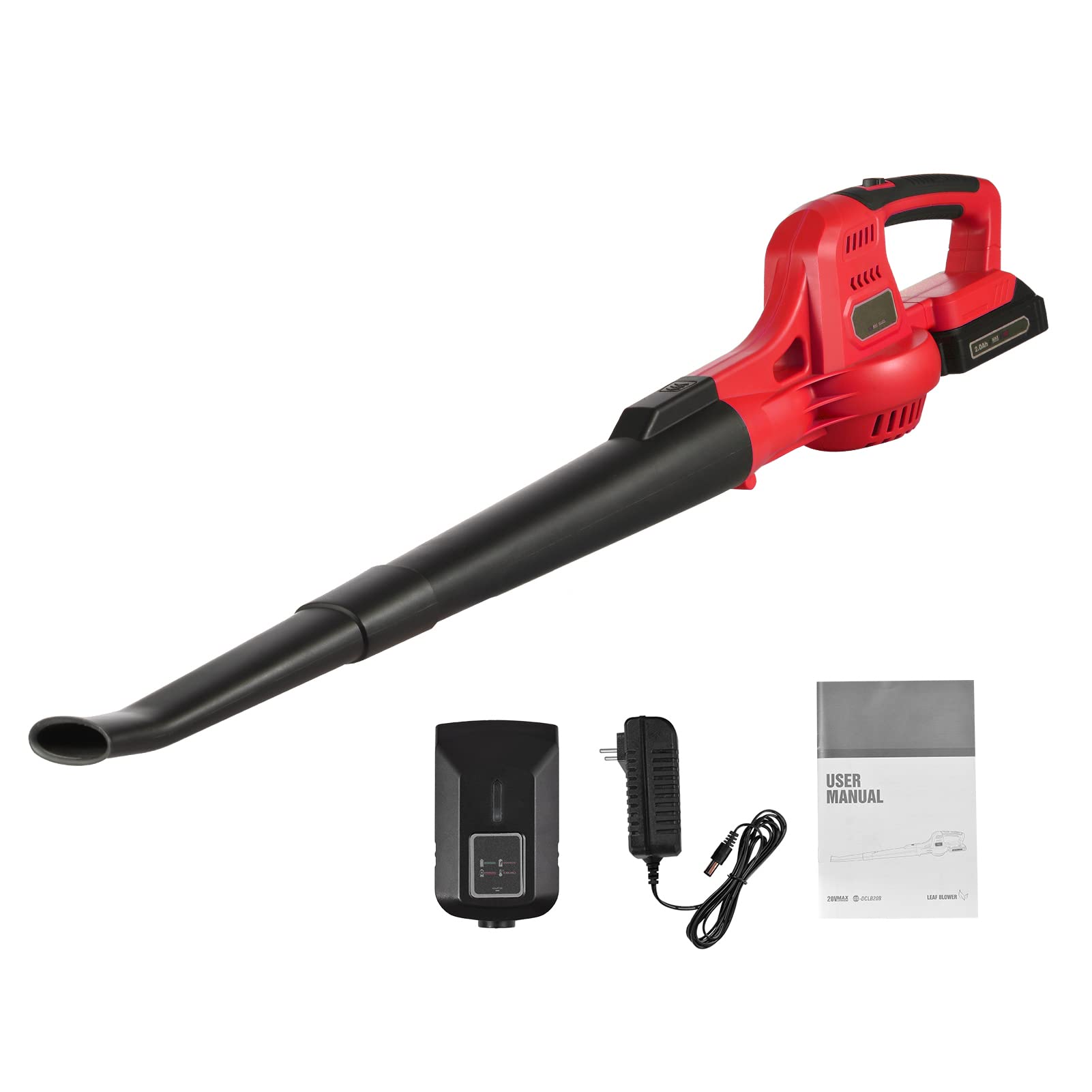 Domary Soplador de Hojas Inalámbrico Mini Soplador de Hojas Eléctrico Mano 20 V 2 Velocidades 60 mph 130 mph con 2 Tubos Extensión para Canalones Patio Cés (Roja)