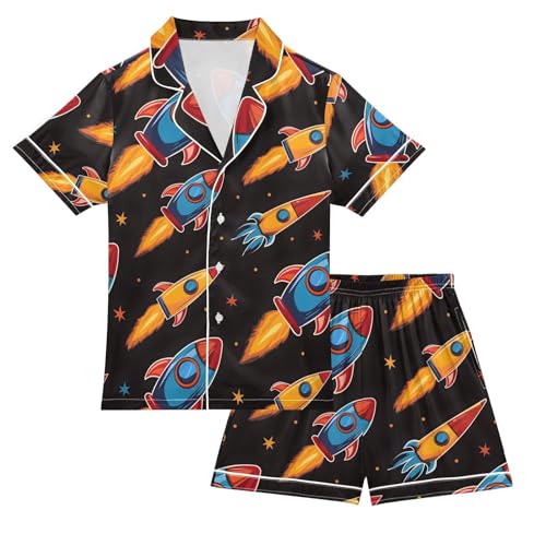 ALAZA Cartoon Star Spaceship Black Pajamas Satin Pajama Set Short Sleeve Button Down Sleepwear