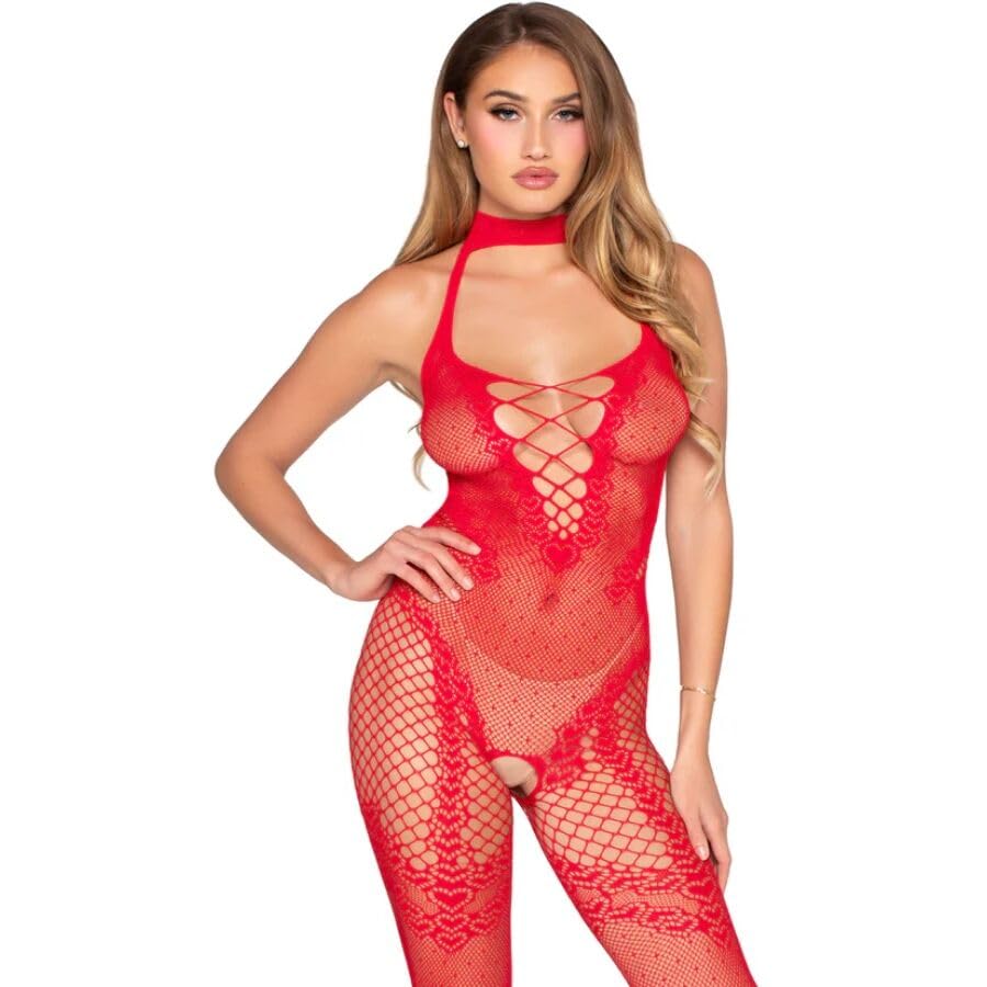 Leg Avenue Bodystocking Ouvert à l’Entrejambe avec Détails Cœur, Taille Unique - Rouge