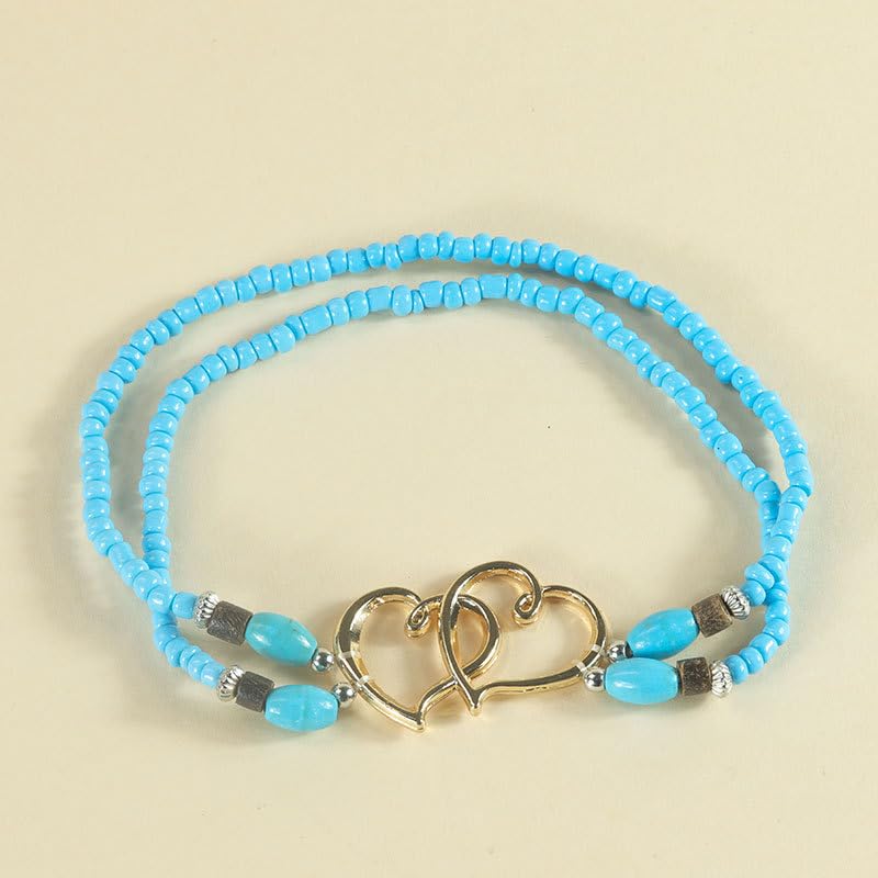 Image of Elastic Beaded Ankle Bracelets for Women Double Heart Layered Stretch Ankle Bracelets Waterproof Dainty Boho Beaded Anklets for Summer Beach Foot Jewelry