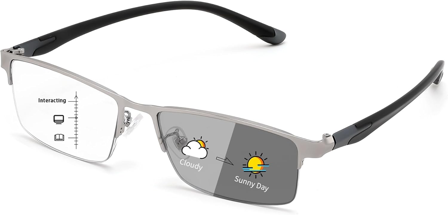FEISEDY Blue Light Blocking Photochromic Multifocal Progressive Reading Glasses Vintage Half Frame UV400 Protection B1388