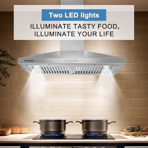Image of 30 Inch Wall Mount Range Hood, 450 CFM Stainless Steel Stove Vent with 3 Speeds Fan, 2 LED Lights, Dishwasher Safe Filters, Ducted Exhaust (Model 303)