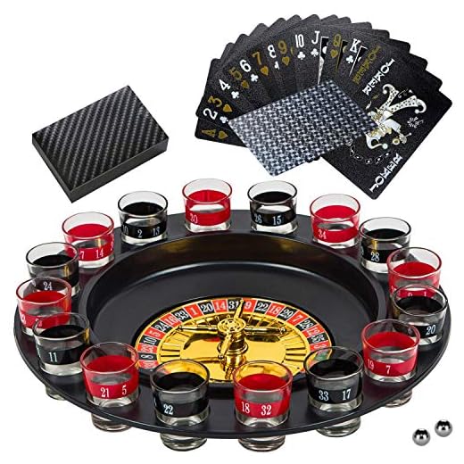 BETTERLINE Shot Glass Roulette Drinking Game and Poker Playing Cards Set - Spinning Wheel, 2 Balls and 16 Shot Glasses - Casino Adult Party Games