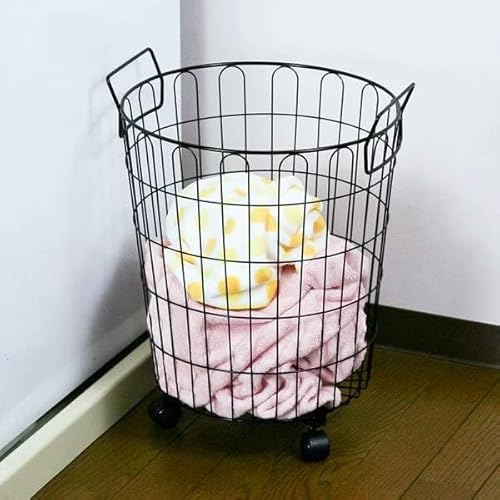 キャスター付き ランドリーバスケット キャスター ランドリーワゴン スリム 洗濯カゴ かわいい おしゃれ 脱衣かご 洗濯物入れ 丸形 丸 ワイヤーバスケット 洗濯 洗面所 脱衣所 大容量 BK