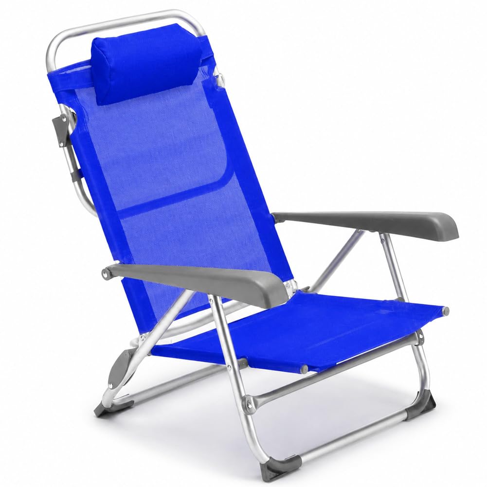BAKAJI Spiaggina Pieghevole Portatile Schienale Reclinabile Sdraio con Struttura Tubolare in Alluminio Rivestimento Tessuto Textilene Poggiatesta Imbottito per Spiaggia Mare Campeggio (Blue)