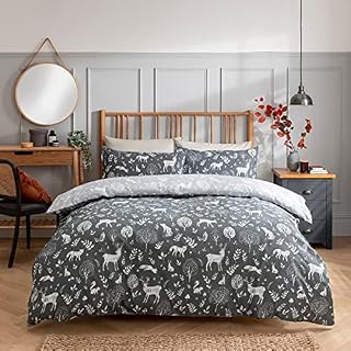 Sleepdown Woodland Animals Charcoal Grey White Reversible Duvet Cover Quilt and Pillow Cases Bedding Set Easy Care - Super King (220cm x 260cm)