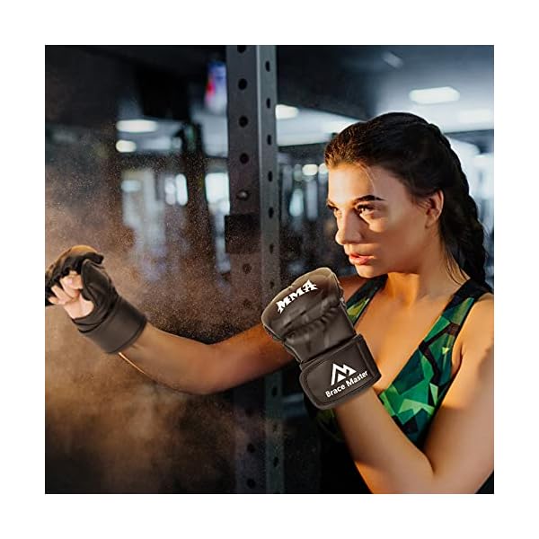 Brace Master MMA Gloves UFC Gloves Boxing Gloves for Men Women Leather More Paddding Fingerless Punching Bag Gloves for Kickboxing, Sparring, Muay Thai and Heavy Bag (Black, Large)