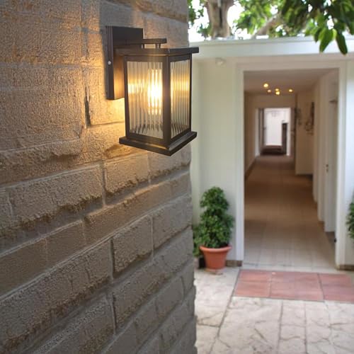 Image of GreyWings Classic Outdoor Wall Light for Home, Brown Metal Frame with Ribbed Glass, E27 Big Threaded Holder, Wall Lamp, Pack of 1