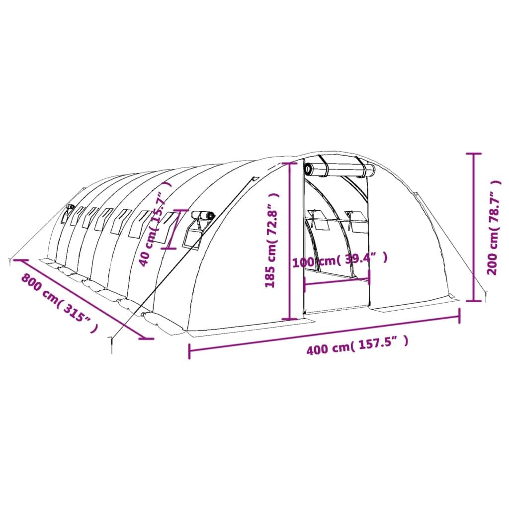 Invernadero con marco de acero blanco, 32 m², 8 x 4 x 2 m, para cultivo de plantas, verduras, hierbas, flores, tomates, pepinos, con ventilación, resistente a la intemperie, transitable