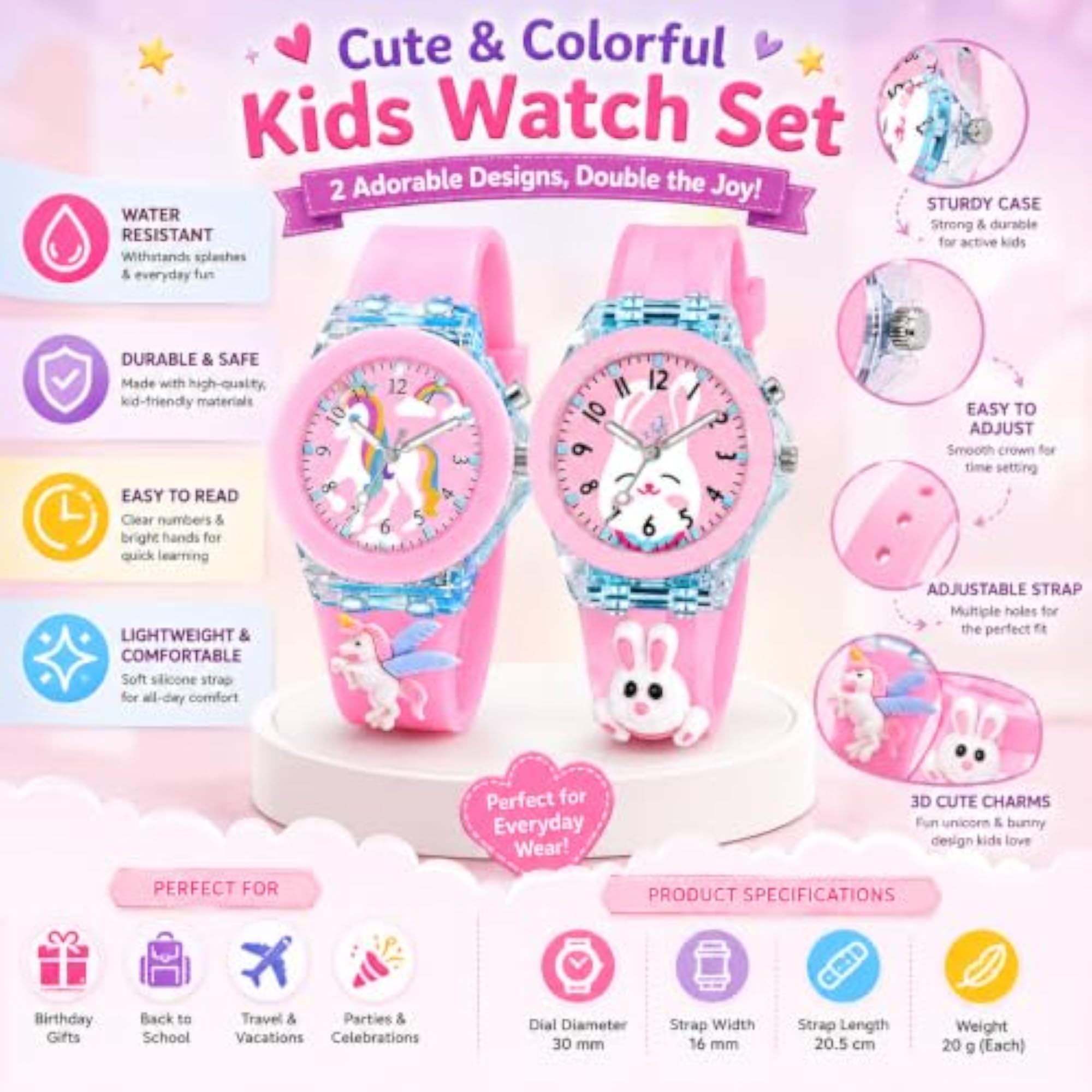 Kids Rabbit and Unicorn Combo Waterproof Watches