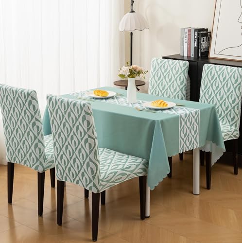 Image of HOMETHREADS Stretchable Elastic Jacquard Chair Seat Cover and Waterproof Dining Table Cover - Removable & Washable, Durable Seat Protector for Dining Room (Green, 6Chairs+1Table Cover (150X220))