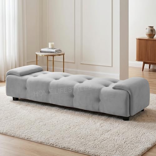 Image of Home Lifestlez Monel 2 Seater Tufted Ottoman Bench | Velvet Upholstered | Seating Bench Window Bench Footrest Stool End of Bed Bench Living Room Furniture | Comfortable & Stylish - Grey