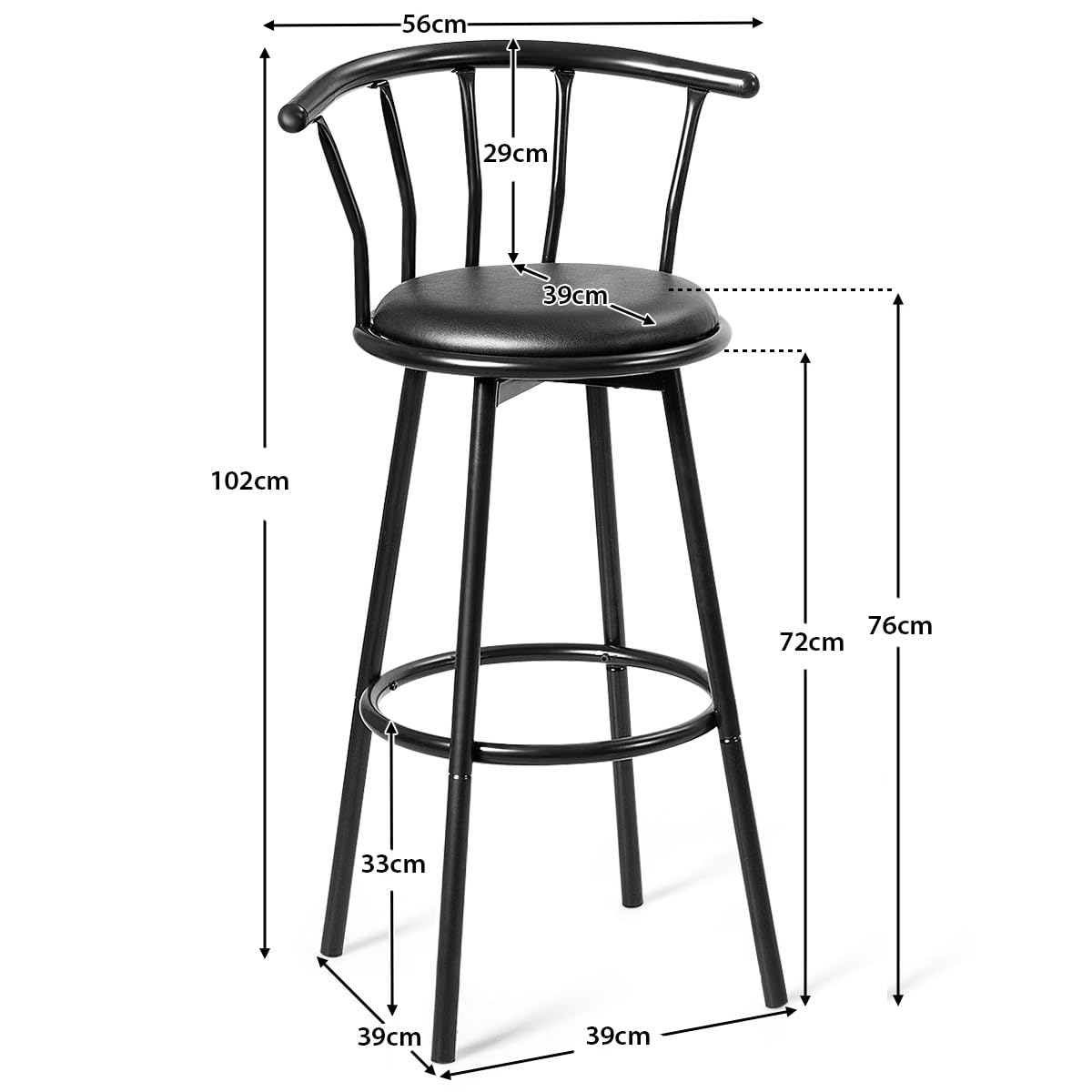 Zestaw 2 obrotowych stołków barowych o 360° z oparciem i podnóżkiem, krzesła kuchenne z metalu i skóry, wysokość 72 cm, idealne do baru, restauracji, stylowy czarny design