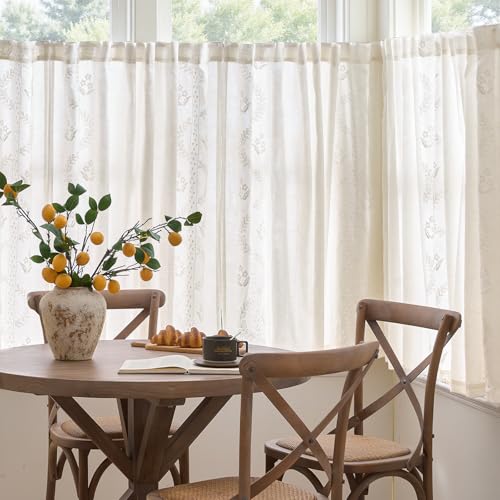 Image of jinchan White Floral Linen Kitchen Tier Curtains 50x54 Inch 2 Panels