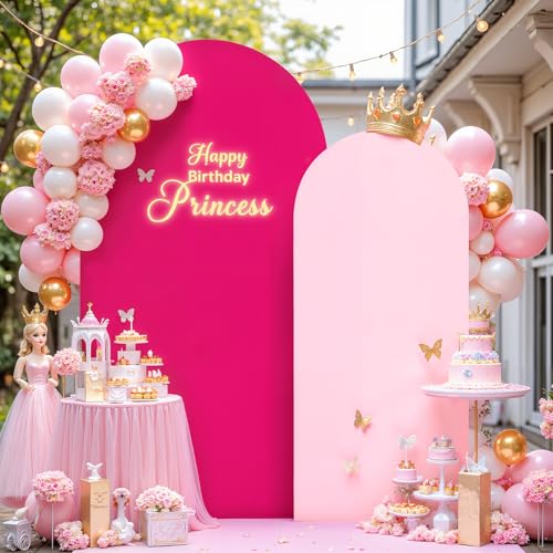 Image of 7.2FT 6FT Arch Backdrop Cover for Wedding, Set of 2 Stretchy Spandex Fitted Arch Stand Cover for Baby Shower, Birthday Party Decor, Chiara Backdrop Cover with Double-Sided Design(Pink, Hot Pink)