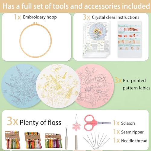 Image of Ohcol 3 Sets Embroidery Kit,Cross Stitch Kits Needlepoint Kits for Adults Beginner,Needle Point Kits with Washable Pre-Printed Floral Pattern,Hoops,Women DIY Hand Crafts