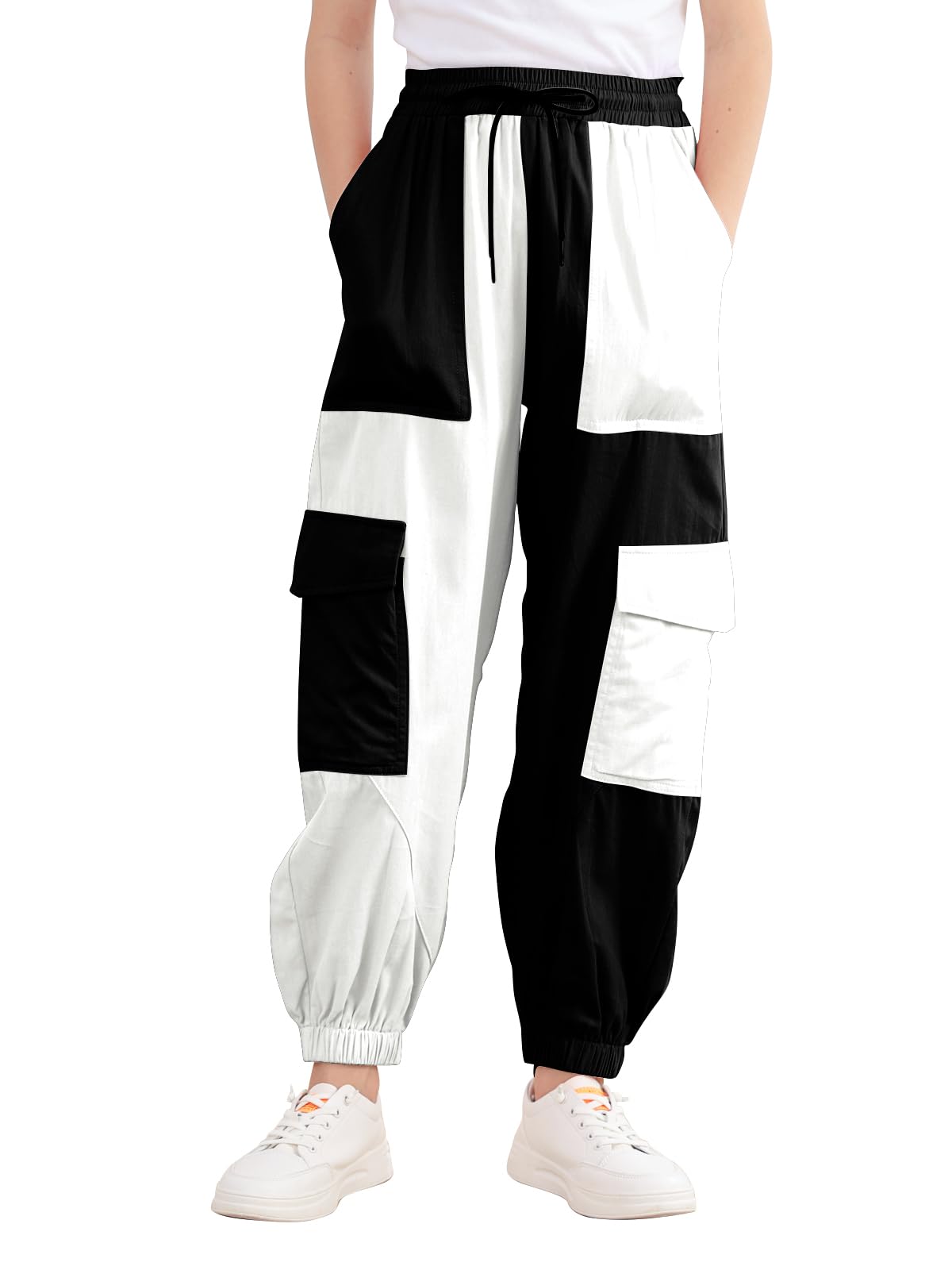 Kimoda Girls Cargo Pants Elastic Waist Casual Jogger Pants for Girls Streetwear Loose Parachute with Pockets 7-14Years