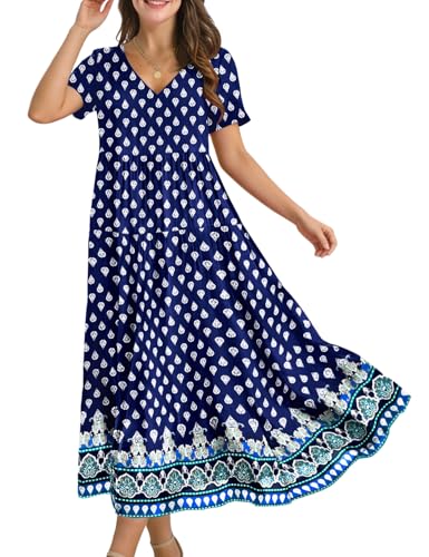 Image of YESNO Women's Summer Maxi Dresses Casual Floral Short Sleeve V Neck Boho Beach Vacation Swing Dress with Pockets EVF
