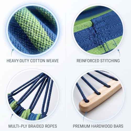 Image of Baskety Double Person Cotton Canvas Hammock with Spreader Bars Ultralight Travel Camping Hammock Swing Bed for Outdoor, Balcony, Garden, Beach - Max Load 200 KG (Blue, 280 x 100 cm)