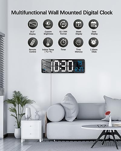 Image of JoFomp Modern 16 inch Large Digital Wall Clock with Remote Control, LED Display, Auto-Dimming, Countdown, Temperature, Calendar - 12 /24Hr Format - Silent Wall Clock for Home, Office, or Gym Use (Blue)