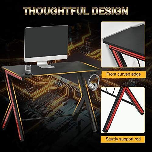 Homcom 47 Inch Gaming Computer Desk, Home Office Gamer Table Workstation With Cup Holder, Headphone Hook, Cable Management, Carbon Fiber Surface #TOP6