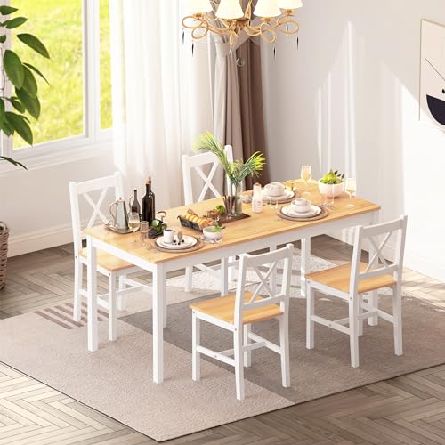 SogesHome Juego de Comedor y Muebles de Comedor con 4 sillas de Materiales de Madera de Densidad Media, diseño Sencillo para Comedor, Teca Blanco