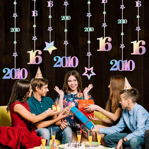 Image of Eucutur Iridescent Sweet 16 Party Decorations for Girls Boys, Pre-Strung Glitter Twinkle Number Vintage 2010 16 Years Old Hanging Streamer Banner Party Supplies, Happy 16th Birthday Gifts Decor