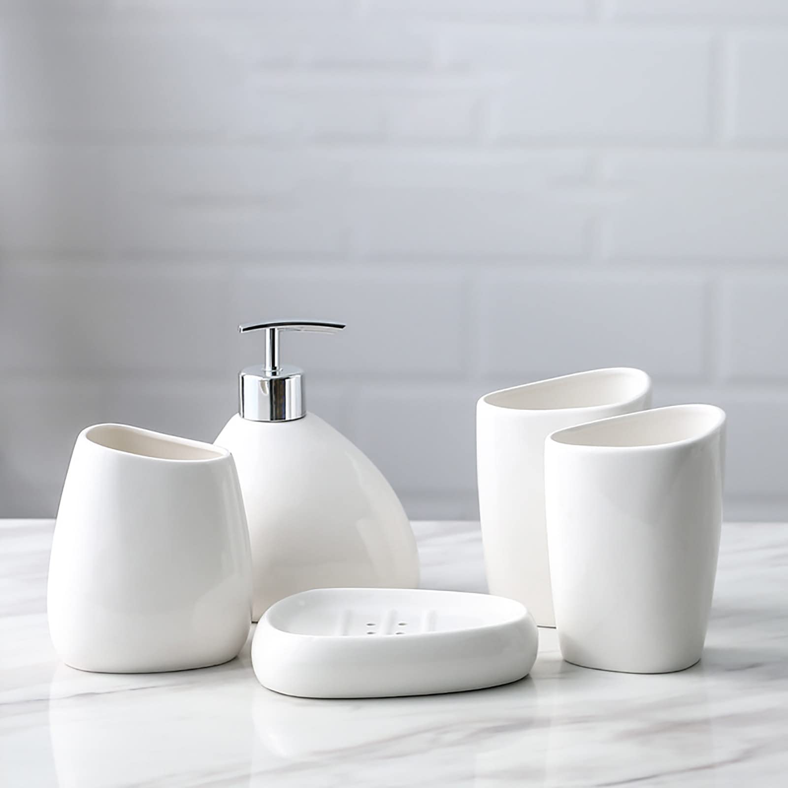 Juegos de Accesorios de baño, Acesorios Cuartos de Baño 5 Piezas para Dispensador Jabon Baño, Jabonera Baño, Porta Cepillo de Dientes, Dosificador Jabon Baño para Gel de Ducha Cerámica Blanco