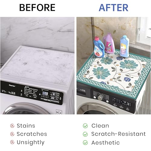 Image of Yellow Weaves Washer & Dryer Cover for Top, 60 x 60 cm, Washing Machine Top Protector Mat for Kitchen /Laundary Room, Water Absorbing, Dustproof, Scratch Resistant & Non-Slip (Floral Teal)