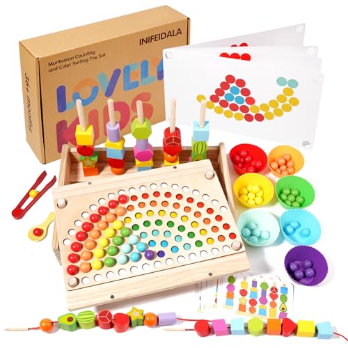 Image of INIFEIDALA Montessori Toys for 3 4 5 Year Old,Stacking Blocks,Lacing Beads & Shape Stacker,Wooden Beads Sequencing Toy Set,Fine Motor Skills & STEM Preschool Learning Gifts for Toddlers Boys & Girls