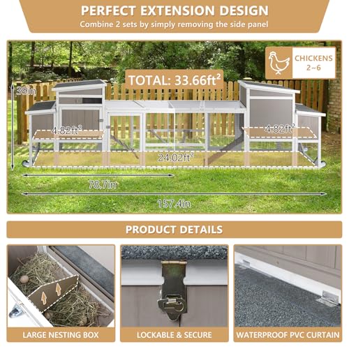 PetsCosset Chicken Coop with Run, Mobile Hen House with Wheels, Indoor/Outdoor Rabbit Hutch, Predator-Resistant, Nesting Box, 3 Perches, Tray, Combinable Design, for Chickens and Bunnies, Grey - Thumbnail 6