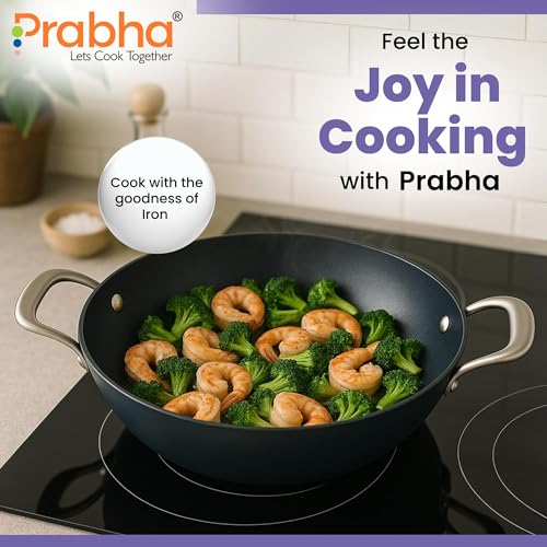 Image of Prabha Induction Base Kadhai 2.4 Litre | Non Stick Black Eisen Cast Iron IB Kadai 24 cm | Cooking Kadai for Deep Frying | Gas & Induction Bottom | Cookware kadai with Steel Handle (Black)