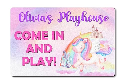 VOTANTA Personalized Playhouse Doormat Come in and Play Colorful Unicorn Castle Mat for Kids Girls Custom Name Playhouse Sign Treehouse Yard Clubhouse Decor Playground Welcome Mat Rug 24
