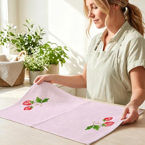 Image of 4 Pcs Strawberry Hand Towels, Pink Strawberries Reusable Dish Towels