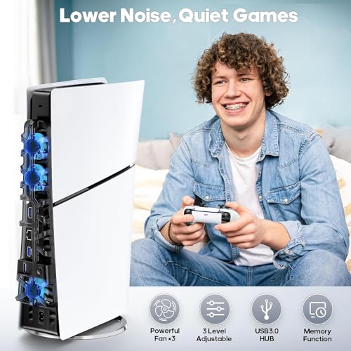 Image of TCOS TECH PS5 Slim Cooling Fan External USB Cooler with LED Light PS5 Console Cooling Fan with Extra USB Port for Sony Playstation 5 Slim Disc & Digital Console