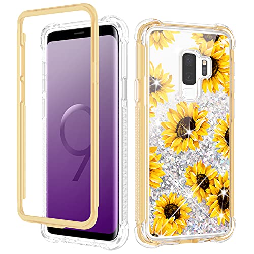Caka Samsung Galaxy S9 Plus Case, S9+ Plus Case for Women Girls Full Body Phone Case Giltter Liquid Protective Bumper Case Cover Without Screen Protector for Galaxy S9+ Plus -Sunflower