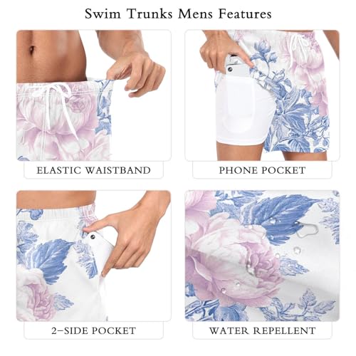 Mens Swim Trunks with Liner, Seamless Blue Floral Cool Quick Dry Beach Swim Shorts, Swimwear Bathing Suits S3