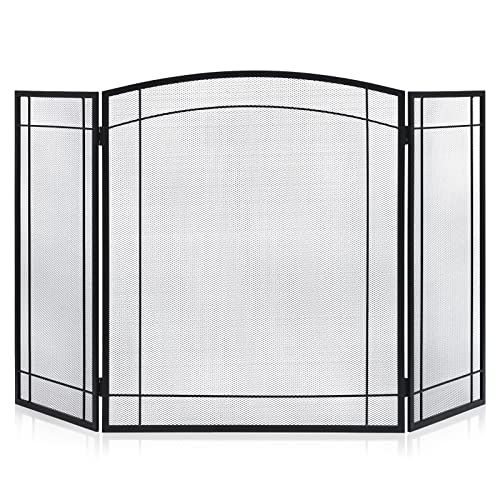 FEED GARDEN 3-Panel-Kaminschutz, 121,9 cm B x 73,7 cm H, modern, faltbar mit dekorativem Schmiedemetall-Netz, Bogen, robuster Funkenschutz, Abdeckung für Heimdekoration, Innenbereich, Schwarz Cover
