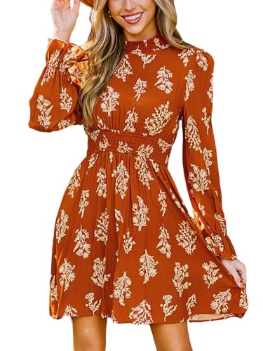 CUPSHE Damen Kleid High Neck Langarm Blumenmuster Kurzes Minikleid Freizeitkleider Party Tunika Dress Burnt Orange M