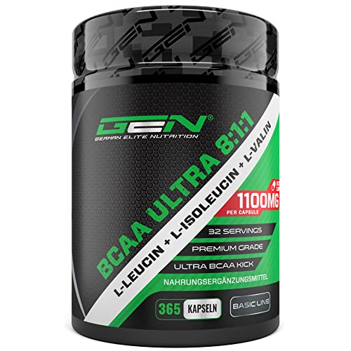 BCAA Ultra Caps - 365 Kapseln mit hochdosierten 1100 mg pro Kapsel - Premium: Leistungsstarkes 8:1:1 Verhältnis - Leucin, L-Isoleucin, L-Valin - Verzweigtkettige essentielle Aminosäuren